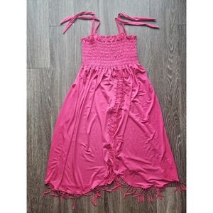 Fuschia Hot Pink Smocked Sundress with Fringe Adjustable Tie Straps Stretch